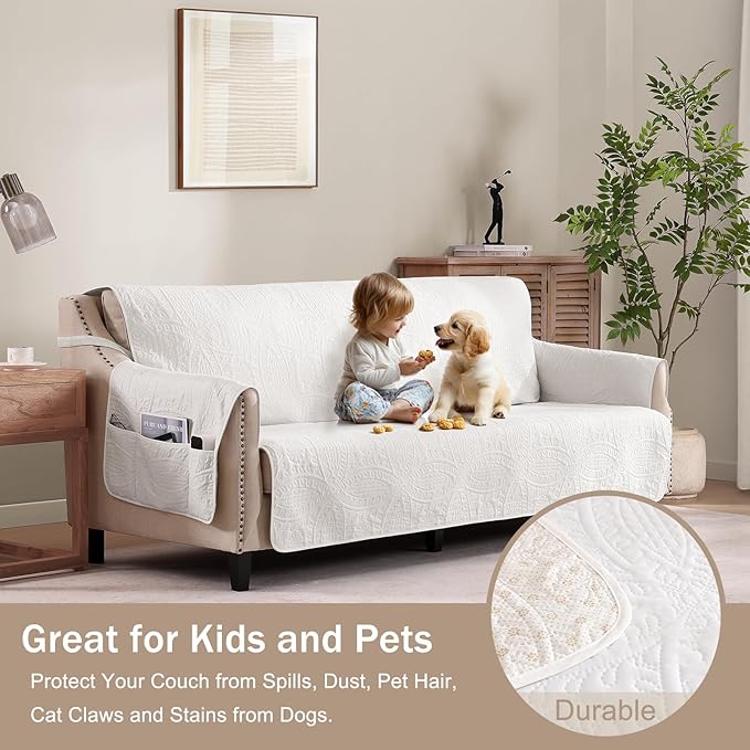 Soft Quilted Couch Cover with Pockets for Extra-Large Sofa, Anti-Slip Sofa Covers Washable for 3 Cushion Pet Friendly Medallion Oversized Sofa Cover Water-Repellent (X-Large Sofa 78", White)