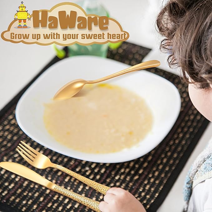 HaWare 9-Piece Toddler Kids Silverware Set, Stainless Steel Hammered Flatware, Preschooler Eating Utensils Includes 3 Spoons 3 Forks 3 Knives, Metal Children Cutlery for Home School, Mirror Finished