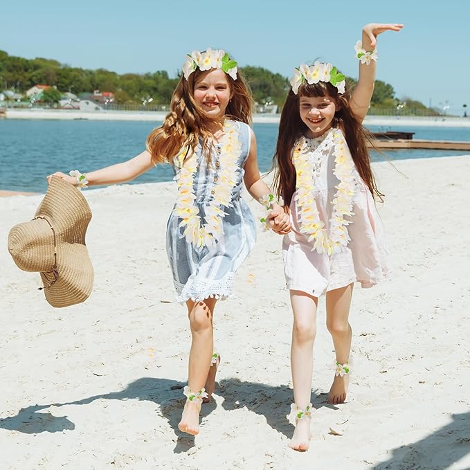 HOBBY HORSE 6 Pieces Hawaiian Luau Flower Leis Halloween Decor Leis White Necklaces Bracelets Headband Anklets Set Tropical Party Favor for Halloween Cosplay Beach Wedding Birthday Party Supplies