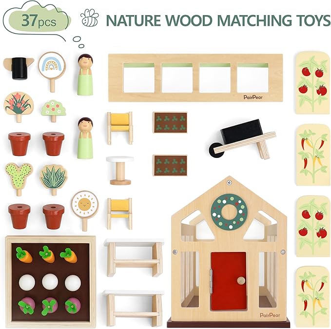 PairPear Dollhouse Furnitures Flower Garden Toy Greenhouse Playset,Toddlers Wooden Toys Dollhouse Garden Toys,Pretend Play Food Set for Girls Boys 3 Years and Up