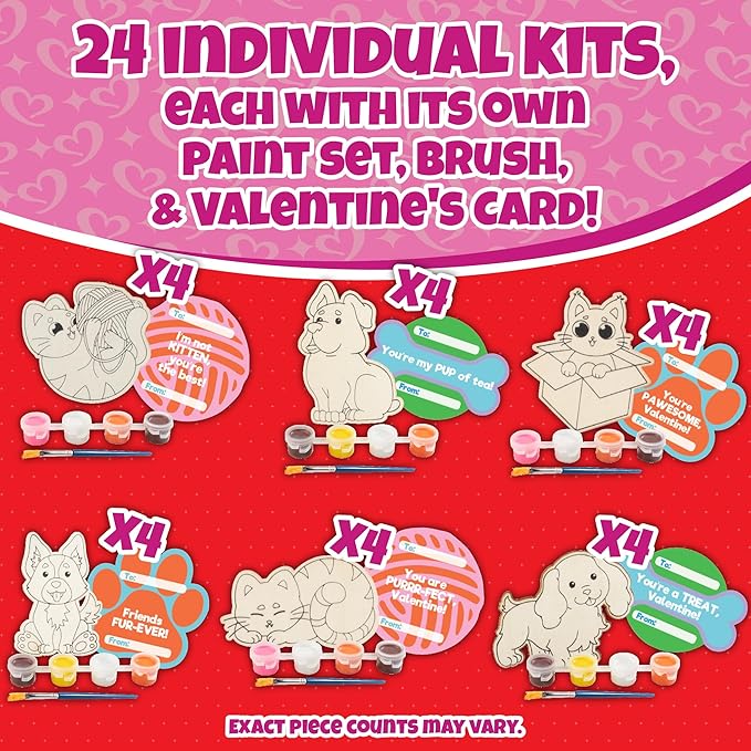Set of 24 Valentines Cards for Kids Classroom -Valentine's Day Cats & Dogs Wood Painting Kits for Kids School -Each Valentines Gift Includes Complete Craft Kit & Card for Boys Girls Classroom Exchange