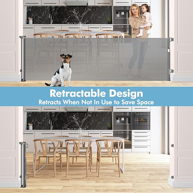 75 Inch Retractable Baby Gates for Wide Openings Retractable Dog Gate Indoor Extra Long Baby Gate Outdoor Extra Large Dog Gate Extra Wide Baby Gate for Stairs Dog Gates for Doorways, Porches, Gray