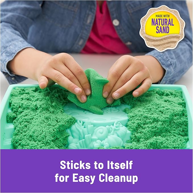 Kinetic Sand, Sandbox Set with 1lb Green Play Sand, 4 Tools & Molds, Storage, Sensory Toys for Kids Ages 3 and up