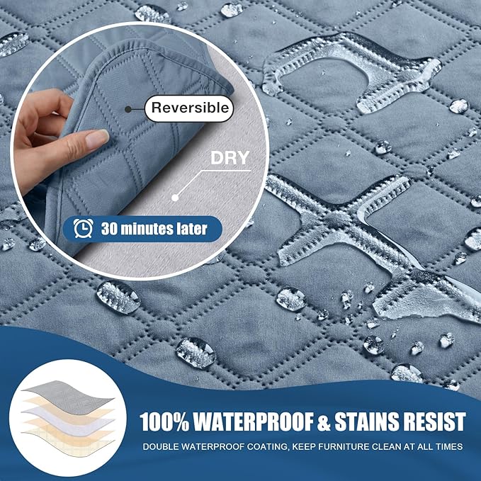 TAOCOCO 100% Waterproof Recliner Covers, Recliner Sofa Covers with Leg Straps, Reversible Recliner Couch Cover for Reclining Chair, Washable Couch Protector for Pets Kids(1 Seater 28", Sky Blue)