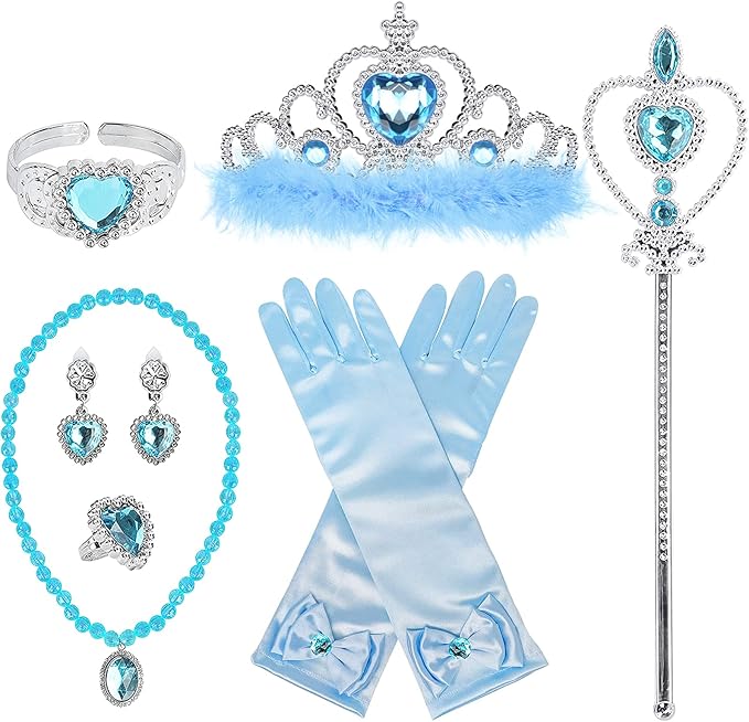 Princess Dress Up Accessories Princess Gloves, BIBUTY 7pcs Dress Up Set for Toddler Girls with Princess Crown, Wand, Gloves, Necklace, Earrings, Bracelet and Ring, Costume Toys for 3-6 yr Little Girls