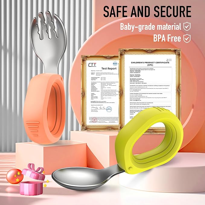 Toddler Utensils Baby Utensils Toddler Forks and Spoons Baby Forks and Spoons Set Kids Stainless Steel Silverware Set Children Safe Forks and Spoons Self Feedig-Dishwasher Safe(Orange+Green)