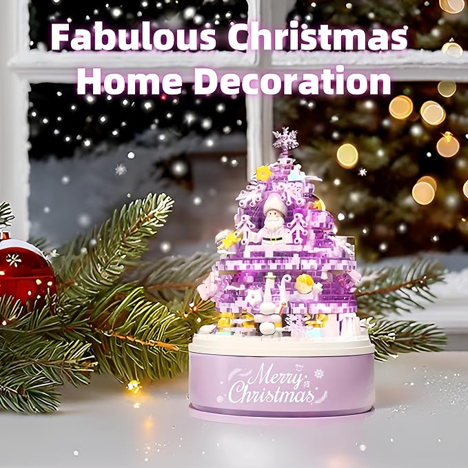 Christmas Tree Building Blocks Set for Kids - 2024 Rotating Christmas Tree Music Box with Glass Cover Xmas Holiday Construction Toy Gift for Boys and Girls (706PCS)