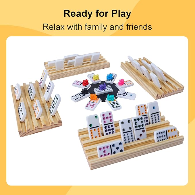 Double 12 Mexican Train Dominoes Set for Adults with 8pcs Wooden Trays, 9 Train Markers, 91 Color Dot Tile Dominos in Tin Box & Hub - Classic Family Board Game Set Party Toy Gift for Kids