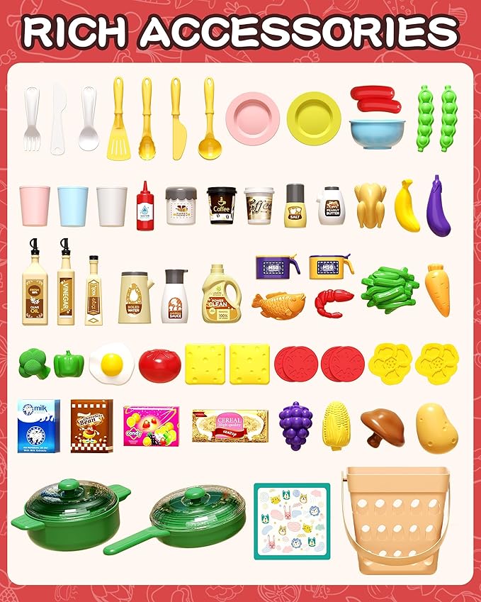 33.8IN - 70PCS Kids Kitchen Playset with Sound & Light - Cooking Stove with Steam, Play Sink and Toy Kitchen Accessories - Pretend Kitchen Play Food Toys for Kids Boys Girls - Toddler Play Kitchen Set