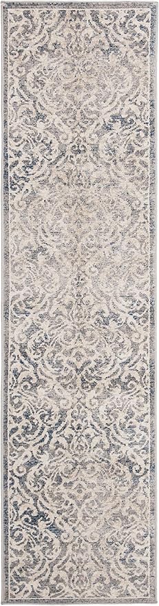 SAFAVIEH Brentwood Collection 2' x 10' Light Grey/Blue BNT810G Damask Non-Shedding Living Room Entryway Foyer Hallway Bedroom Runner Rug