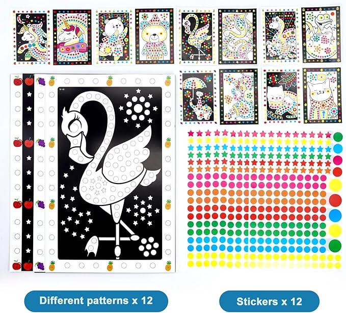 MAYAPHILOS 12 Patterns Fun Puzzle Dot Stickers Toys for Kids, DIY Cute Cartoon Animal Mosaic Art Kits for Girls Boy, Class Painting Craft Kit Christmas Birthday Gift