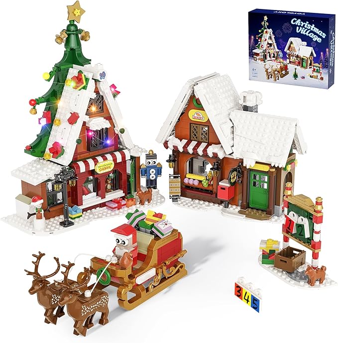 Christmas Village House Building Set with LED Lights, Xmas Holiday Main Street Building Kit, Compatible with Lego Christmas House Blocks, Gifts for Boys, Girls, Family, and Friends (1418 PCS)