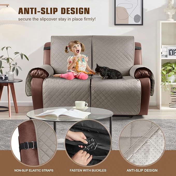 KinCam Waterproof Oversized Loveseat Recliner Cover, Non-Slip Reclining Couch Covers for 2 Seat, Recliner Sofa Cover Furniture Protector with Elastic Straps for Kids, Pets, Khaki