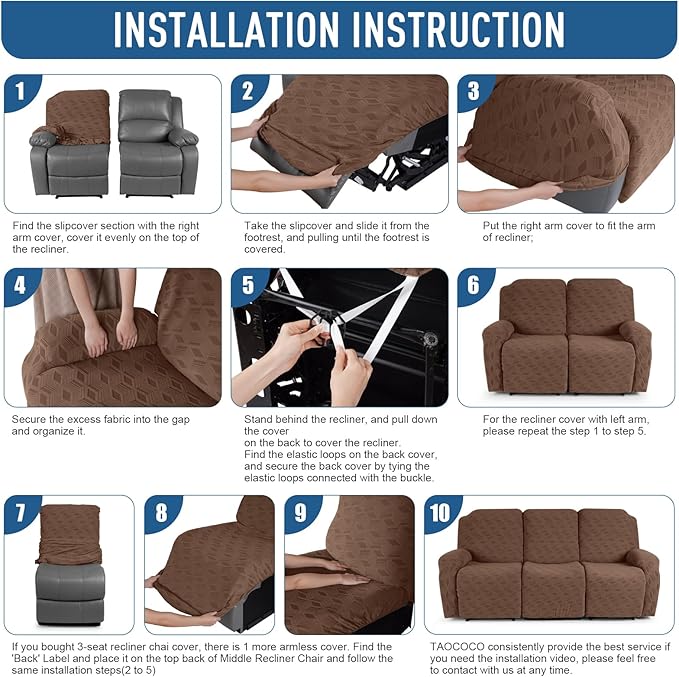 TAOCOCO Recliner Sofa Covers Stretch Reclining Couch Cover, Jacquard Recliner Couch Cover for 3 Seat Furniture Protector Sofa Slipcovers with Elastic Bottom for Kids, Pets(Brown)