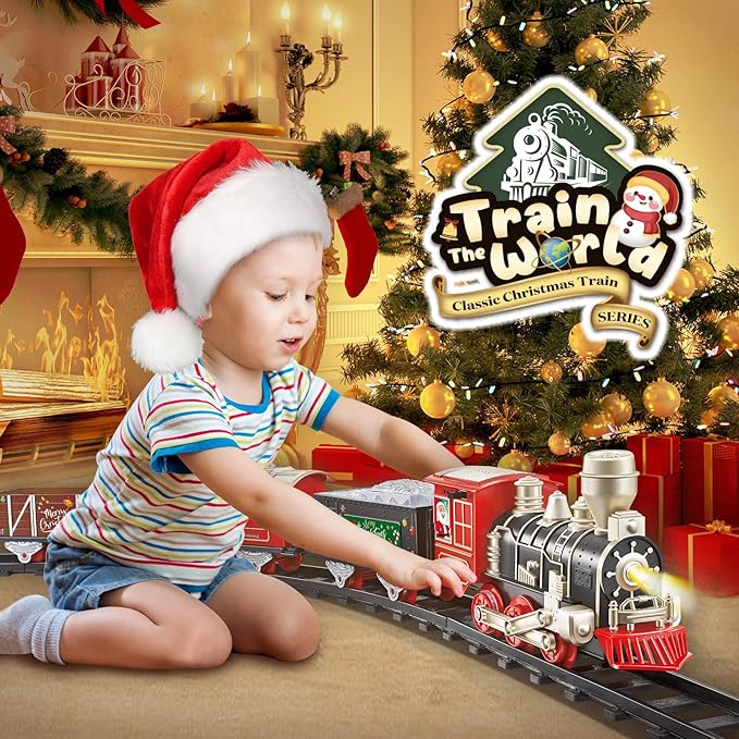JUQU Train Set, Christmas Train Set for Around The Tree w/Lights & Xmas Sounds, Christmas Tree Train Toys, Electric Toy Train Set for Boys, Toddler Model Train Gifts for 3 4 5 6 7 8+ Years Old Kids