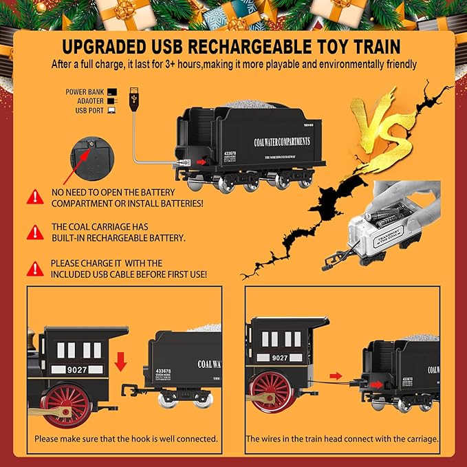 Remote Control Train Set for Kids Electric Steam Engine Locomotive, Cargo Car & Tracks,Trains w/Realistic Smoke,Sounds & Lights,Rechargeable Birthday Gifts for 3 4 5 6 7+ Years Old Boys Girls … …