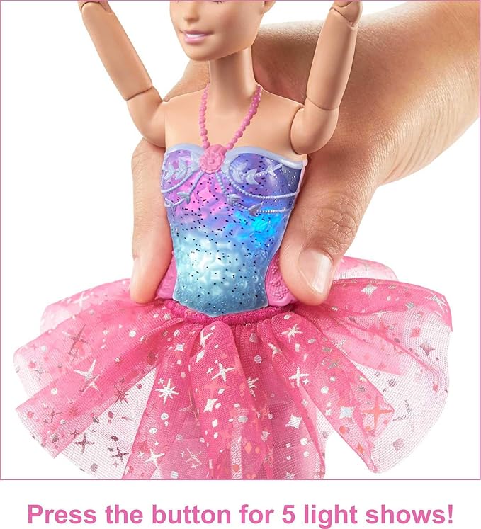 Barbie Dreamtopia Doll, Twinkle Lights Posable Ballerina with 5 Light-Up Shows, Sparkly Pink Tutu, Blonde Hair & Hair Accessory