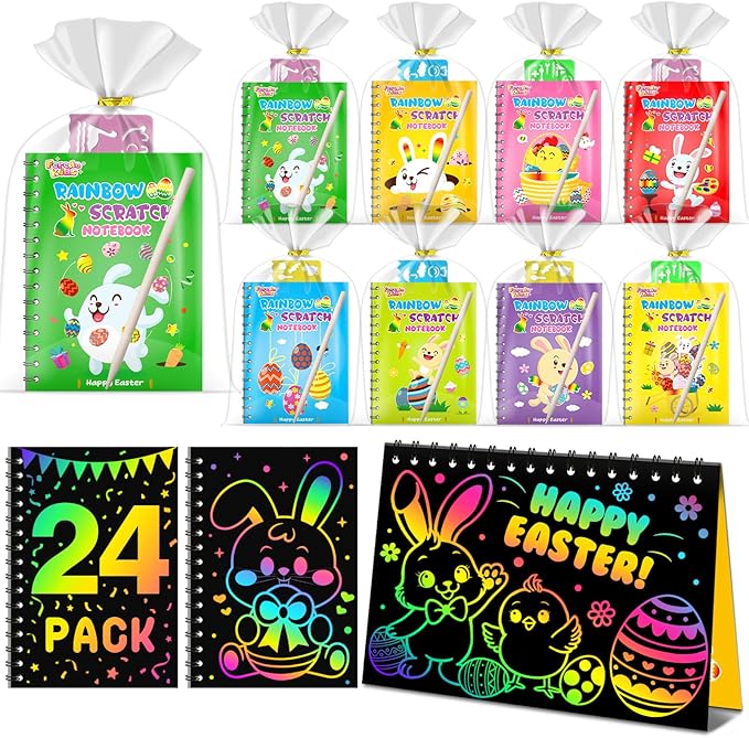 Easter Crafts for Kids Party Favors: 24 Pack Easter Rainbow Scratch Art Notebook Bulk Easter Basket Stuffers for Kids Activities Girls Boys Easter Crafts Gifts for Classroom Prizes Gifts