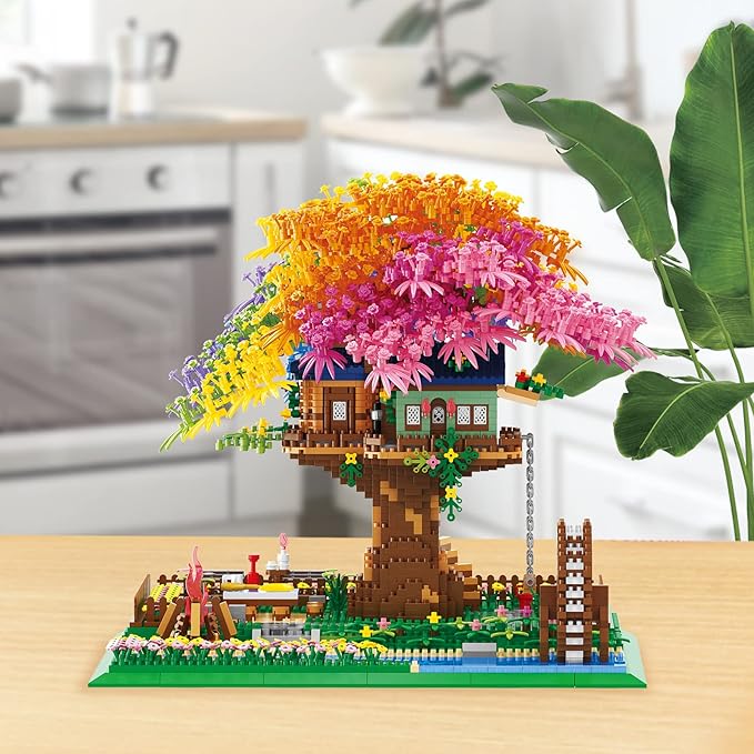 Rainbow Flowers Building Block with Light,Sakura Cherry Blossom Bonsai Tree House Construction Set,4451 PCS Mirco Blocks Architecture for Adults and Teens