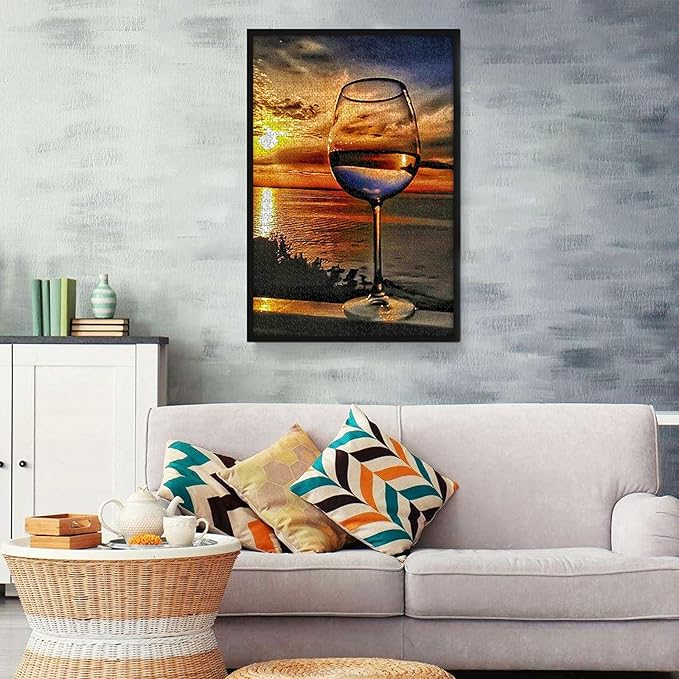 najiaxiaowu Adult Puzzles 500 Pieces DIY Sunset Sea Wine Glass Wooden Puzzles Children and Elderly Puzzles Modern Home Decor Wall Art Unique Gift 52 cm x 38 cm(20.5 x 15 in)