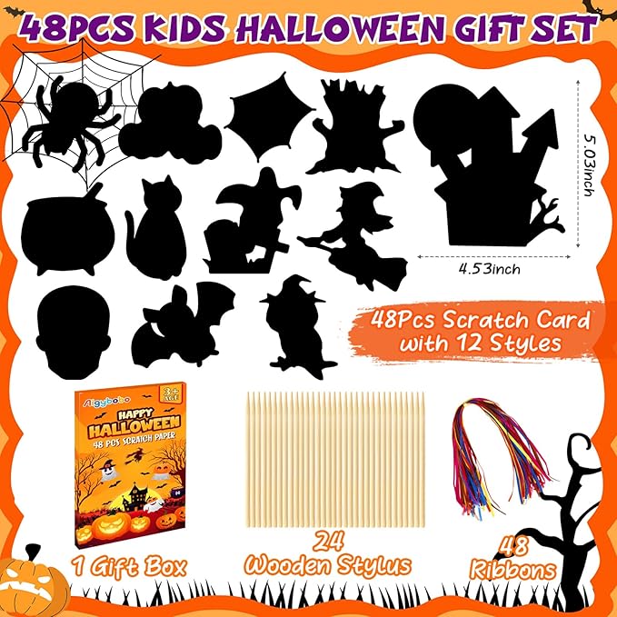 Halloween Crafts Kit for Kids, 48 Pcs Magic Scratch Off Cards Paper Hanging Set, Halloween Party Favors Gifts Ornaments for Kids Halloween Party Games Classroom DIY Activity Art Craft Supplies