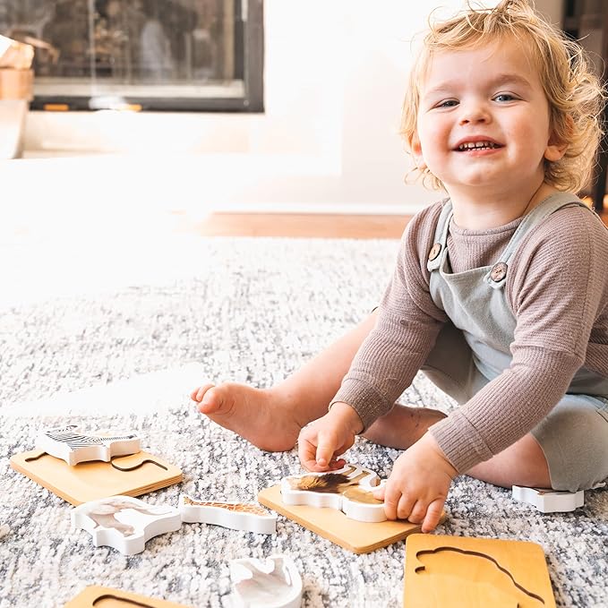 Wooden Montessori Animal Puzzles for Toddlers 2+ Years - Realistic Chunky Safari Animal Shape Puzzle - Educational Learning Toy