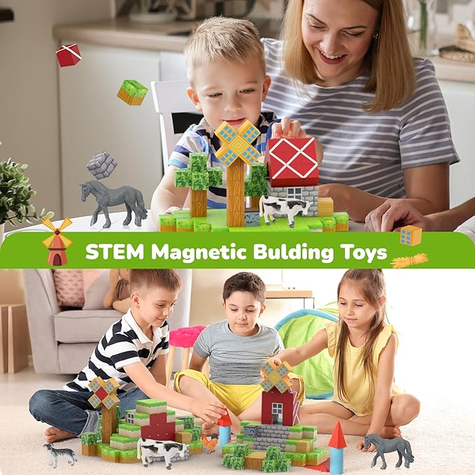 Magnetic Blocks 110PCS with 6 Animal Toys, Farm Building Blocks Set, Toys for Boys & Girls Age 4-6, 6-8, Stacking Building Toys for Toddlers Sensory Toy for Kids 3+