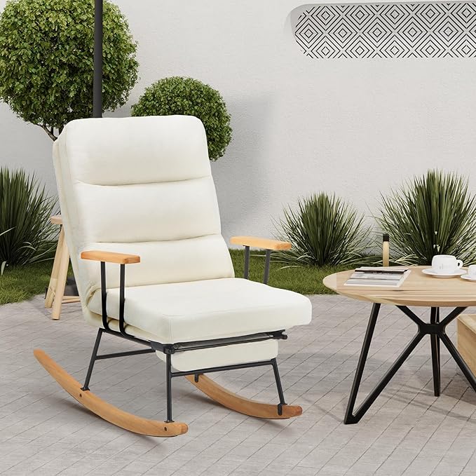 Rocking Chair with Footrest-Glider Rocker Chair with Retractable Footrest and Adjustable Backrest, Teddy Upholstered Rocking Chair Set of 2, Accent Chair for Living Room/Nursery/Bedroom/Outdoor-Beige