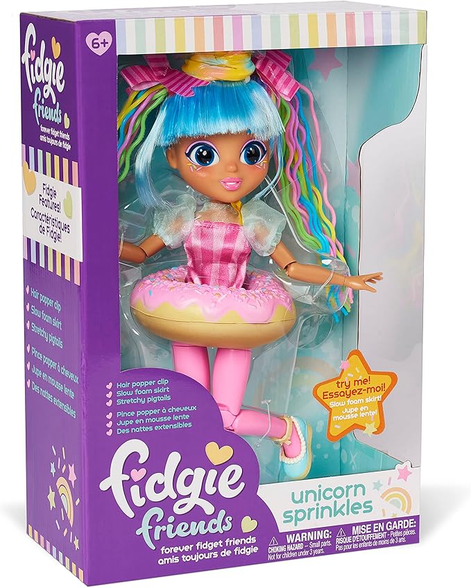 Sunny Days Entertainment Fidgie Friends Unicorn Sprinkles – Stretchy Noodle Hair with Slow Foam Donut Skirt | 10.5 Inch Fashion Doll with Fidgets | Sensory Toys for Kids