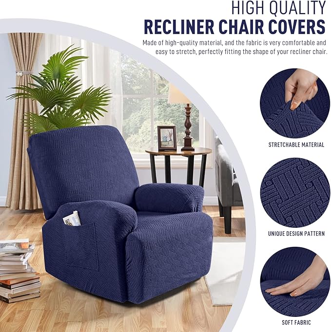 KinCam Recliner Covers, Stretch Reclining Chair Covers, Recliner Sofa Slipcovers Stripe Jacquard Recliner Couch Covers Furniture Protector Covers for Pet Kid (1 Seater, Dark Blue)