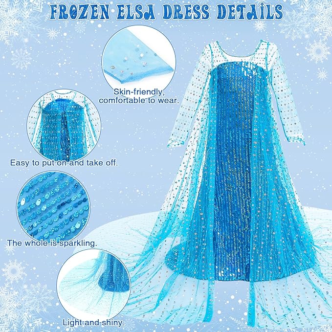Latocos Girls Elsa Dress Costume Princess Dresses for Girls Ages 3-10 with Long Cape for Birthday Halloween Cosplay