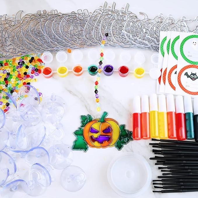 Winlyn 27 Sets Halloween Pumpkin Suncatchers Ornaments Decorations DIY Window Paint Art Suncatchers Craft Kits Jack-O'-Lantern Sun Catchers for Kids Classroom Activities Fall Halloween Art Project
