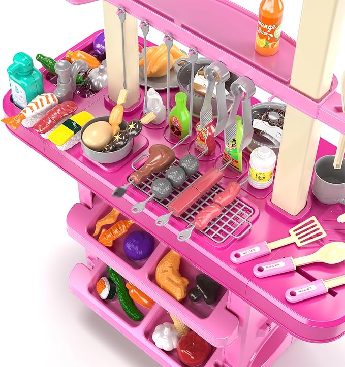 TEMI Kitchen Playset | 2-in-1 Kids Kitchen & Grill Playset, Play Kitchen with 60Pcs Toy Accessories Set, Real Sounds and Light | Pretend Play Set for 3+ Year Old Kids, Girls & Boys