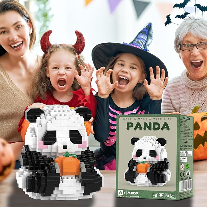 Halloween Mini Building Blocks- Helloween Sitting Panda with Pumpkin, Micro Blocks Panda Toy for Kids 6 7 8 9+, Mini Blocks Building Sets for Adults