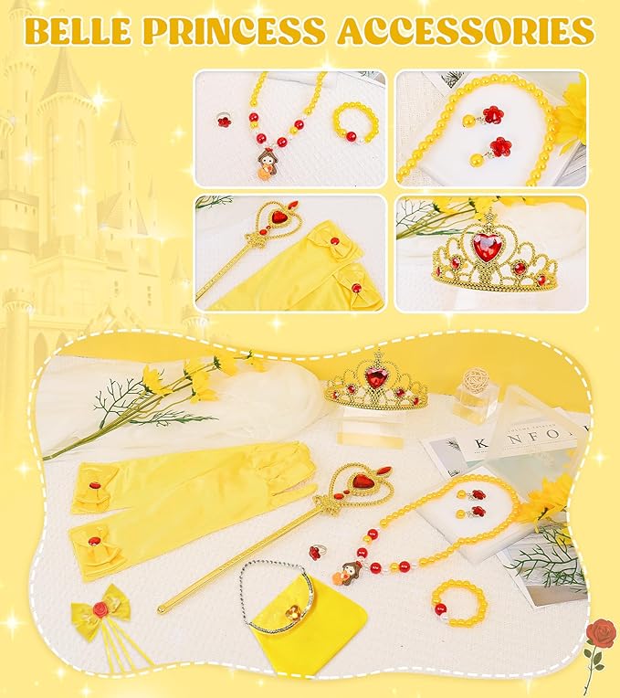 Princess Dress Up Clothes for Little Girls, Belle Costume Dress with Accessories for Birthday Party Cosplay Halloween