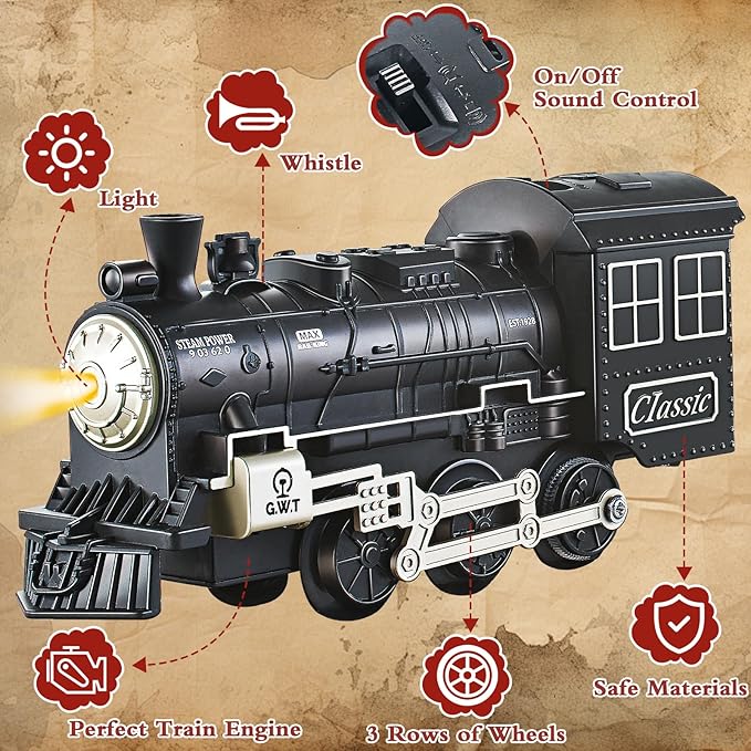 Kids Train Set - Train Toys w/Sounds (Turn ON/Off), Lights, Electric Toddlers Classical Train for Christmas Village Tree, Train Set for Toddlers 2-4, Christmas Toys Gifts 3 4 5 6 7 8+ Year Old