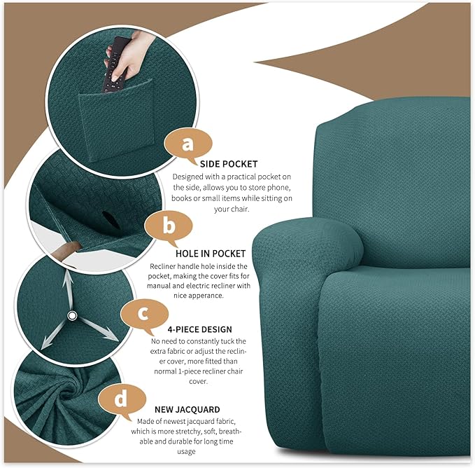 JIVINER Oversized Recliner Chair Covers 4 Piece Stretch Lazy Boy Recliner Sofa Slipcover Jacquard Large Recliner Covers with Elastic Bottom Soft Furniture Protector (XL Recliner,Peacock Blue)