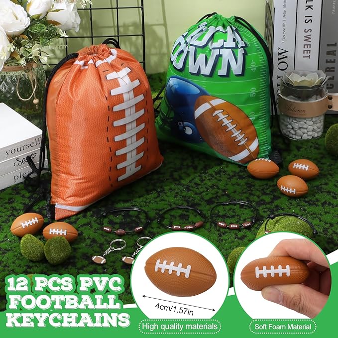 Poen 48 Pcs football Party Favors football Themed Supplies Include 12 football Drawstring Backpack 12 Mini football 12 football Keychain 12 football Wax Thread Braided Bracelet Inspirational Team Gift