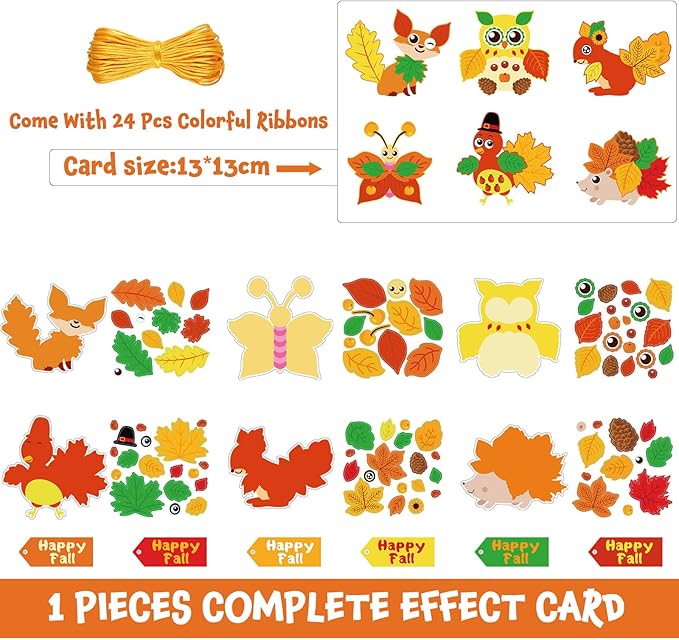 Fall Craft Kits for Kids Cute Animals Turkey Autumn Owl Crafts DIY Maple Leaves Thanksgiving Crafts Bulk for Fall Theme Party Home Classroom Game Activities Party Favors (24 Sets)