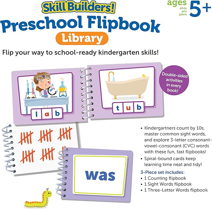 Learning Resources Skill Builders! Kindergarten Flipbook Library - Kindergarten Learning Activities, Spelling and Counting for Kids, My First Library for Kids,Back to School, Ages 5+,3 Pieces