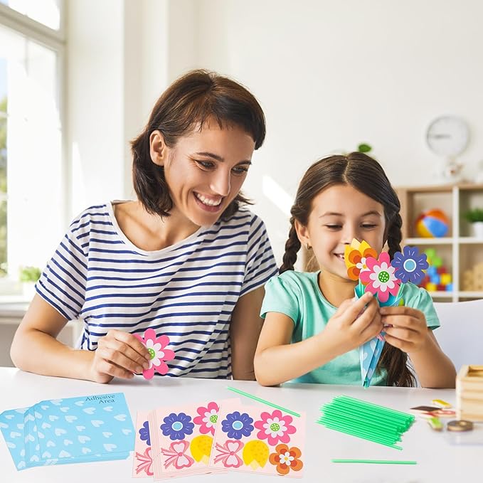 BeYumi Flower Bouquet Craft Kit - 48Pcs Mother's Day Flower Bouquet Craft in Two Colors for Kids Make Your Own Flower Bouquet Teacher Appreciation Week DIY Gift School Classroom Home Fun Activities