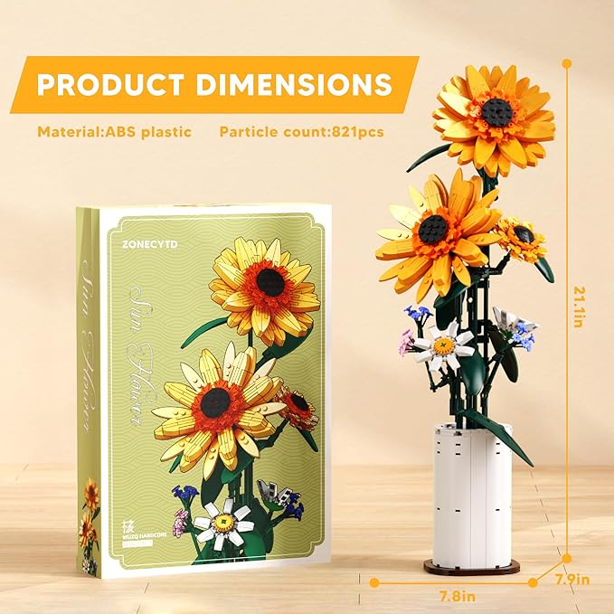 Sunflower Building Blocks Sets Flower Bouquet with Vase for Adults Teens, Flower Garden Building Toys for Girls Boys Home Decor - 821Pcs