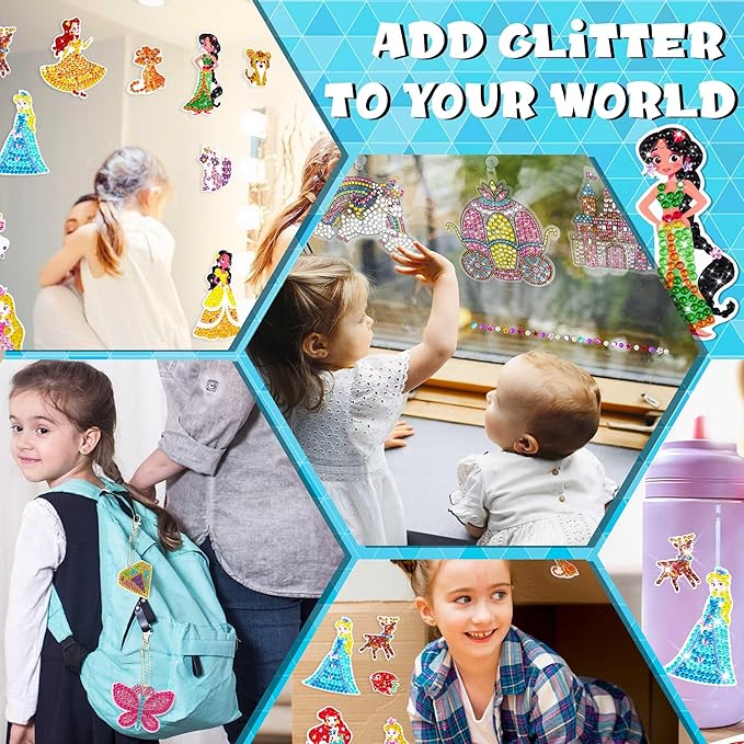 sinceroduct Diamond Art Kits for Kids with 6 Princess and Animals Stickers, 3 Gem Art Keychains and Suncatchers, Make Your Own Arts & Crafts, Christmas and Birthday Gifts for Girls Aged 4-8+