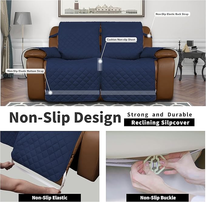 Easy-Going Oversized Loveseat Recliner Cover, Reversible Couch Cover for Double Recliner, Split Sofa Cover for Each Seat with Elastic Straps for Dogs, Pets(Oversized 2 Seater, Navy/Ivory)