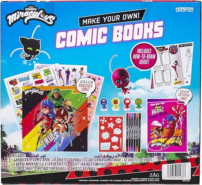 Miraculous Make Your Own Comic Book – Create 2 Comic Books Ladybug, Cat Noir, Tikki & More – Creative Toys for Kids Ages 6 & Up – DIY Comic Book Kit Kids