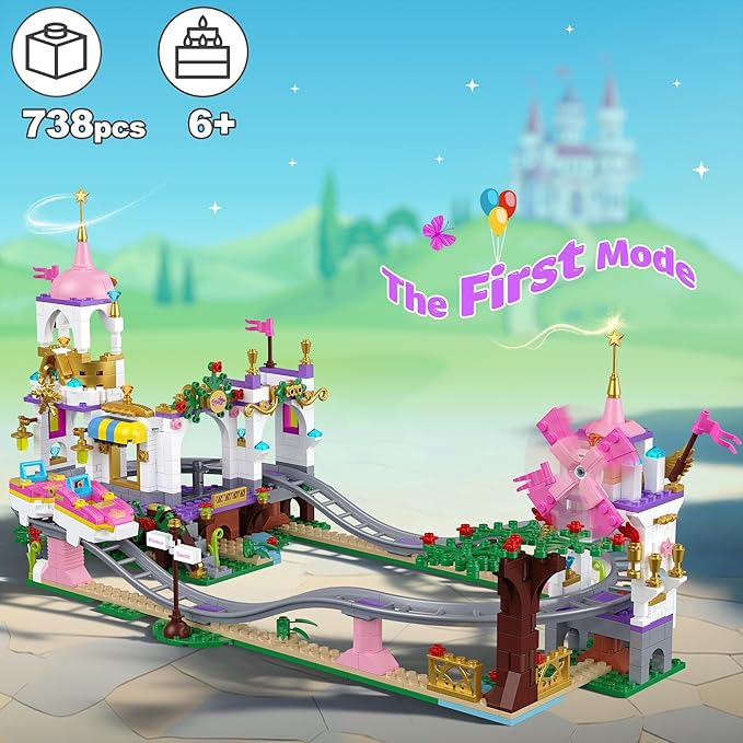Castle Roller Coaster Building Set – 738Pcs STEM Amusement Park Construction Kit for Kids, Creative Pink Playground Blocks Birthday for Girls Boys Ages 6-12