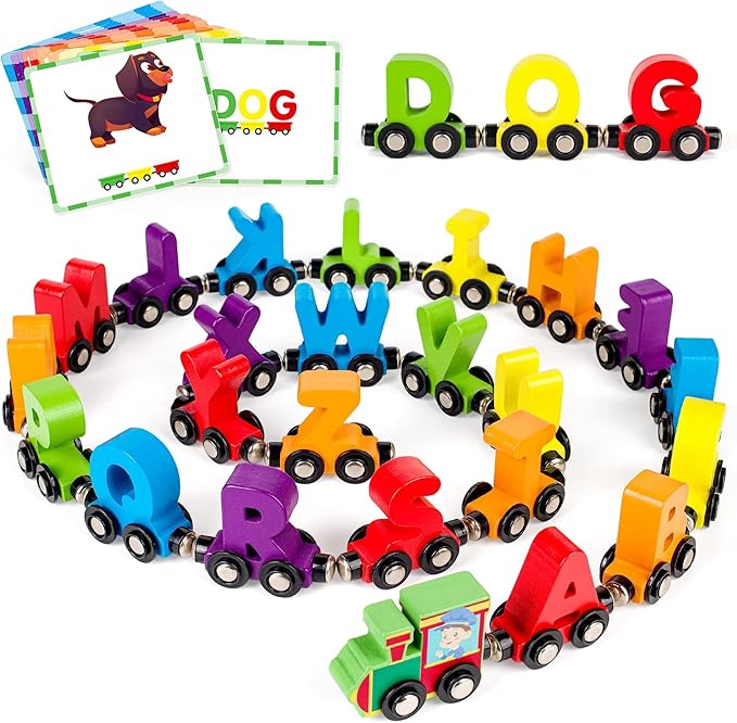 Vanmor 27 PCS Magnetic Wooden Alphabet Train Sets | ABC Letter Learning Toy Trains with 42 PCS Flash Cards, 1 Engine, 1 Storage Bag | Toddlers Kids Boys Girls Educational Toys for 3 4 5 6 7 Years Old