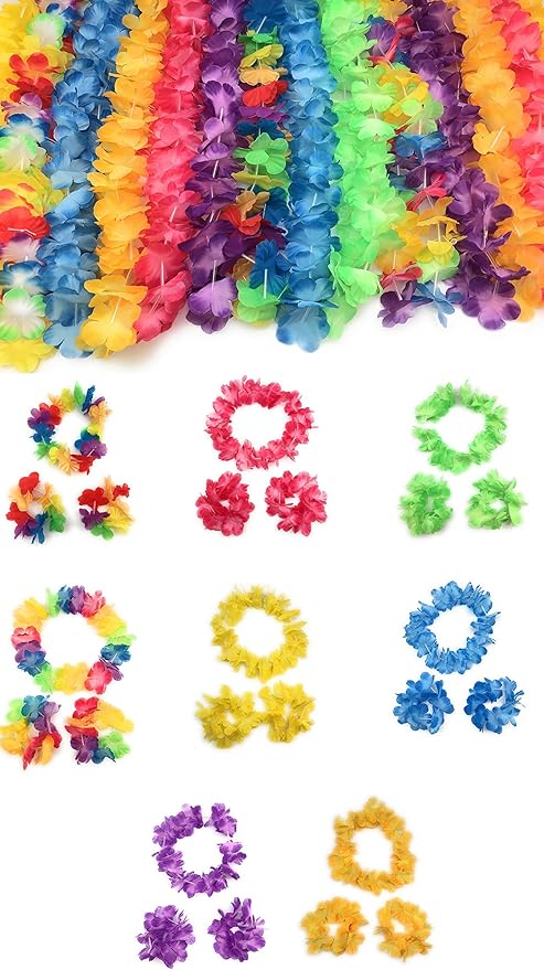 Oojami 60-Piece Hawaiian Party Leis - Necklace, Headbands & Wristbands Set - Perfect for Kids & Adults, Summer Beach Vacations, Theme Parties, Birthdays & More