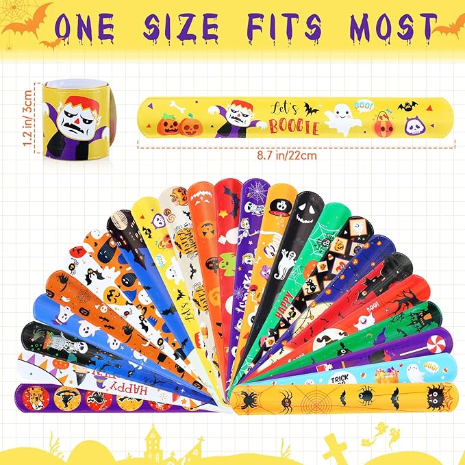Liliful 360 Pcs Halloween Slap Bracelets Bulk for Kids Halloween Snap Bracelets Decor 24 Styles Halloween Wristbands Bags Filler Halloween Party Favor