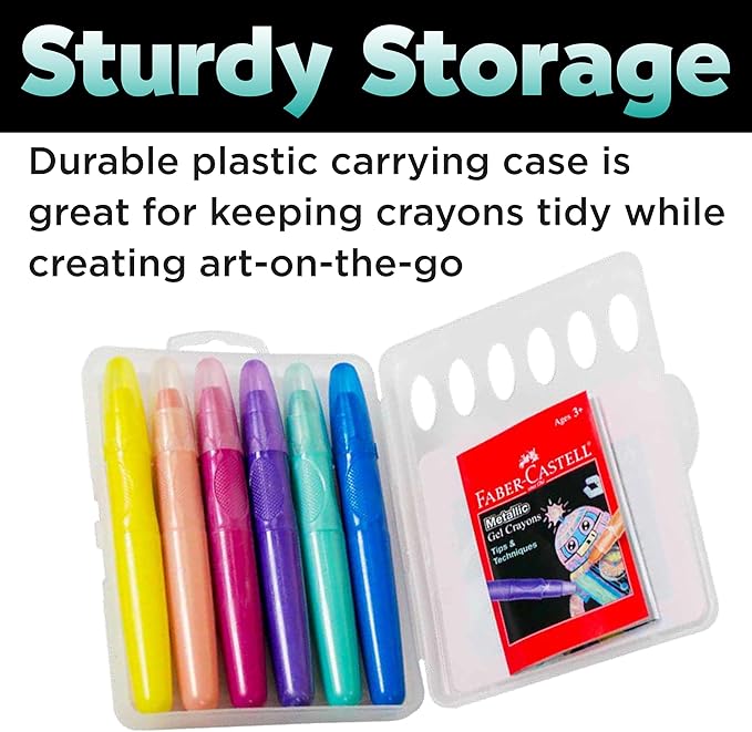 Faber-Castell Metallic Gel Crayons: 6 Vibrant Gel Crayons in Durable Storage Case: Twistable Crayons for Toddler Coloring, Kids Drawing and Arts and Crafts for Ages 3-4+